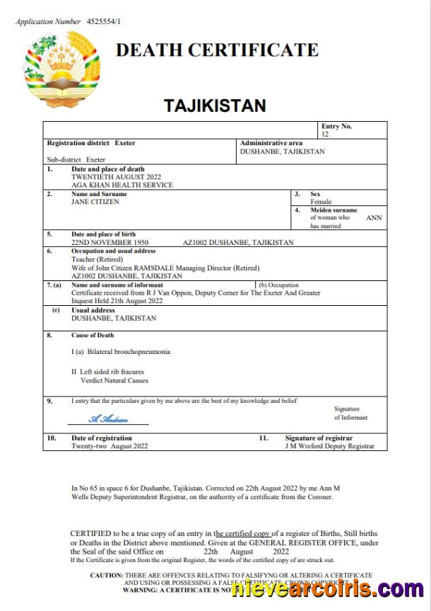 Tajikistan vital record death certificate